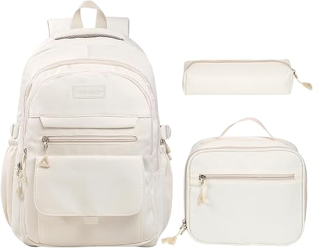 Phaoullzon Teen Girls School Backpack with Lunch Box for Boys, College Aesthetic Laptop Bookbag for Women,Beige