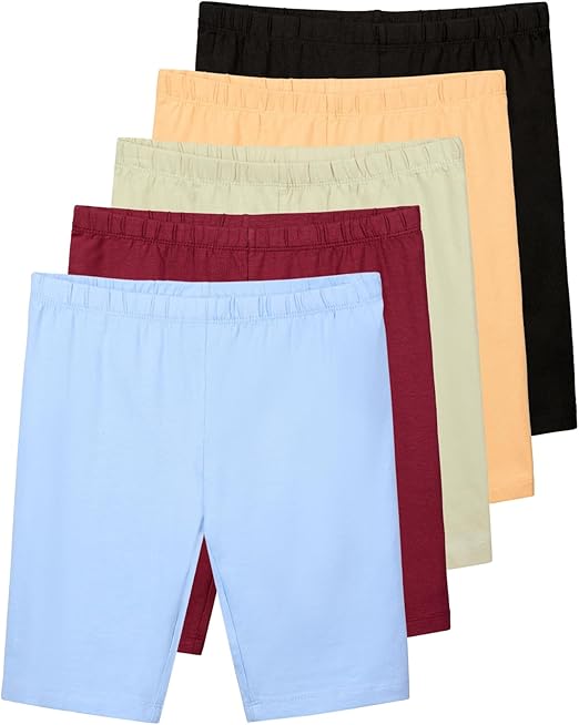 Real Essentials 5 Pack: Girls Cotton Spandex Biker Short Cartwheel Dance Shorts Athletic Under Dress Gymnastics (Ages 4-18)