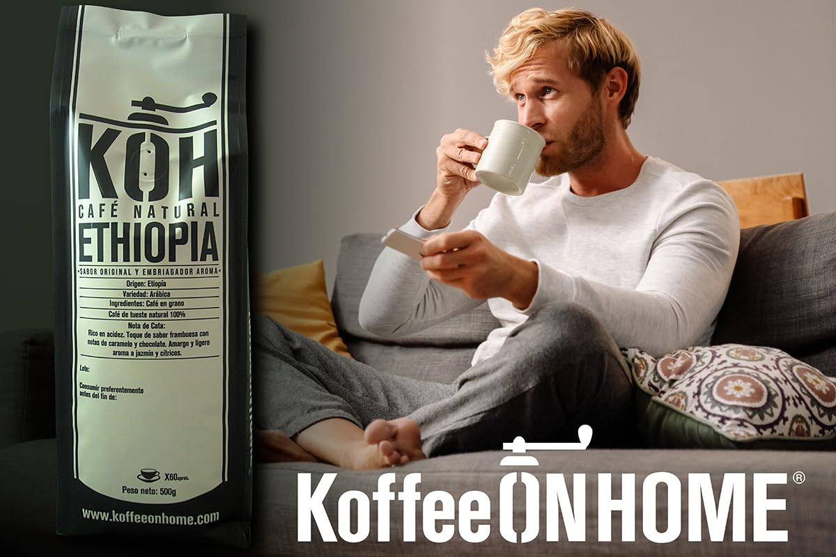 KoffeeONHOME Café en Grano, 100% Arábica, Etiopía, Tueste Natural - 1 kg