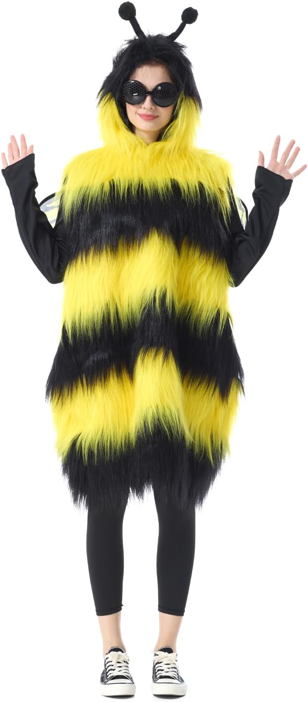 Bumble Bee Costume for Unisex Adults, Furry Hooded Dresses with Tail Headband Wings and Bee Glasses, Cute Funny Animal Cosplay Outfits for Halloween Dress-Up Party, One Size - Image 3