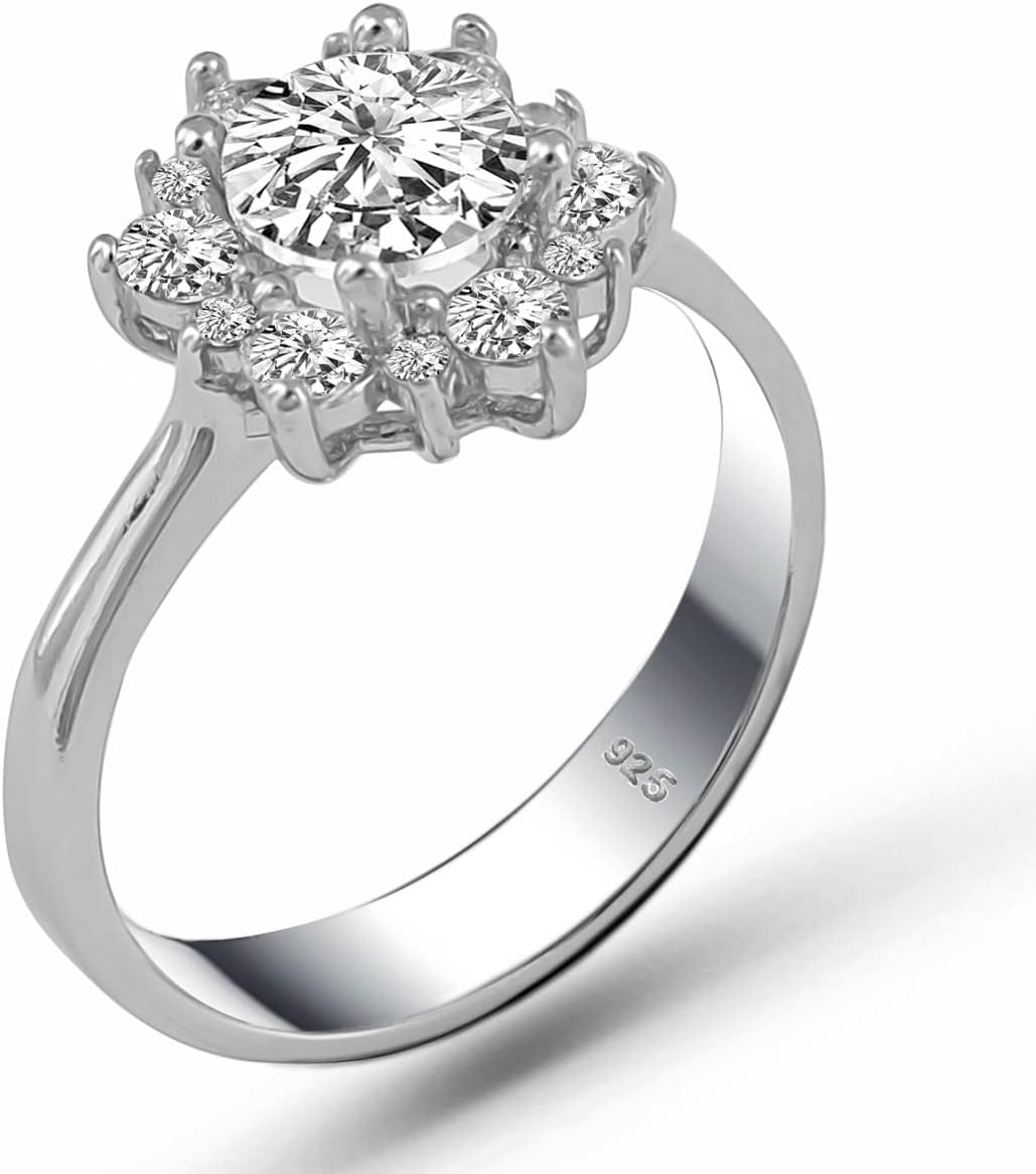Genuine Solid 925 Sterling Silver with Round brilliant Cut Clear Cz Cubic Zirconia Stone Engagement Wedding Promise Halo Ring Luxury Gift for Women