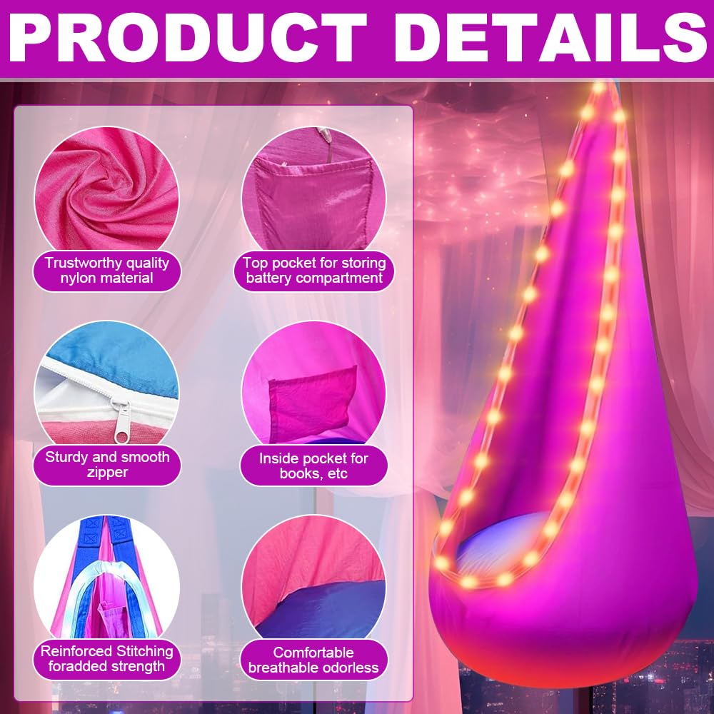 Hängehöhle, Tragbarer Hängesessel Schaukel mit LED, Pod Swing Seat mit Aufblasbarem Kissen, Hängesitz Schaukel, Pod Schaukelsitz max 80kg für Den Innen und Außenbereich