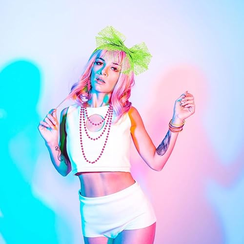 Miniatura 4 de Juego de accesorios de disfraz de neón de los años 80 para mujer, diadema de encaje, aretes, collar, pulsera y guantes de red