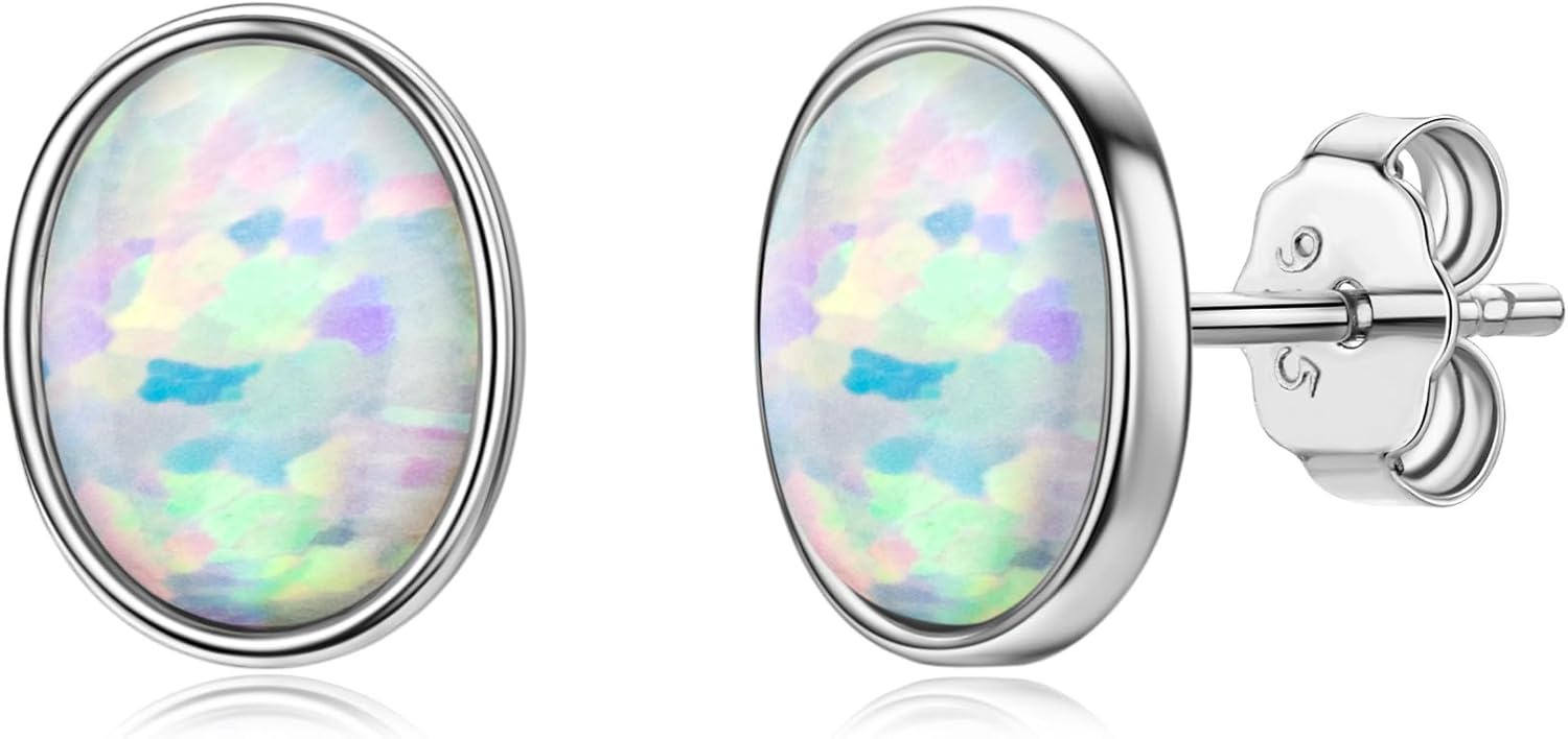 YUNKAI Sterling Silver Opal Stud Earrings for Women, Birthstone Stud Earrings, Oval/Round Shape Opal Earrings Hypoallergenic Jewelry Gift for Birthday Christmas