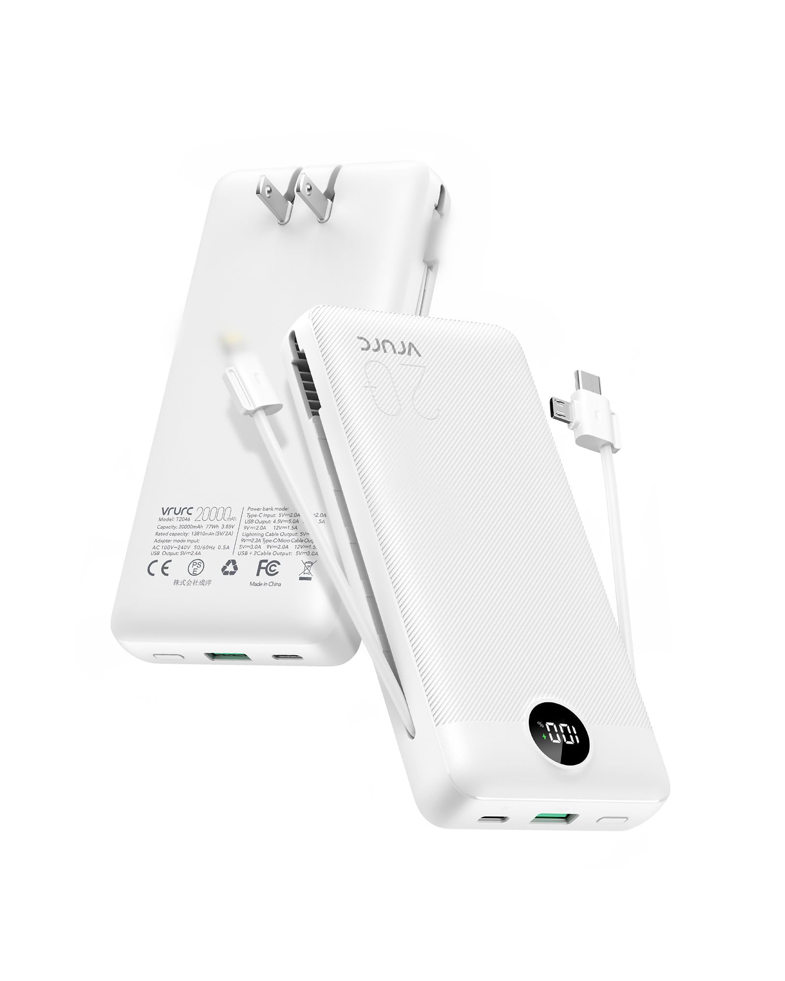 Power Bank With AC Wall Plug,VRURC 20000mAh Portable Charger,Built-in Micro,USB C Three Cables,22.5W QC 20W PD Fast Charging Battery Pack Compatible With iPhone Samsung Android iPad Smartphones-White