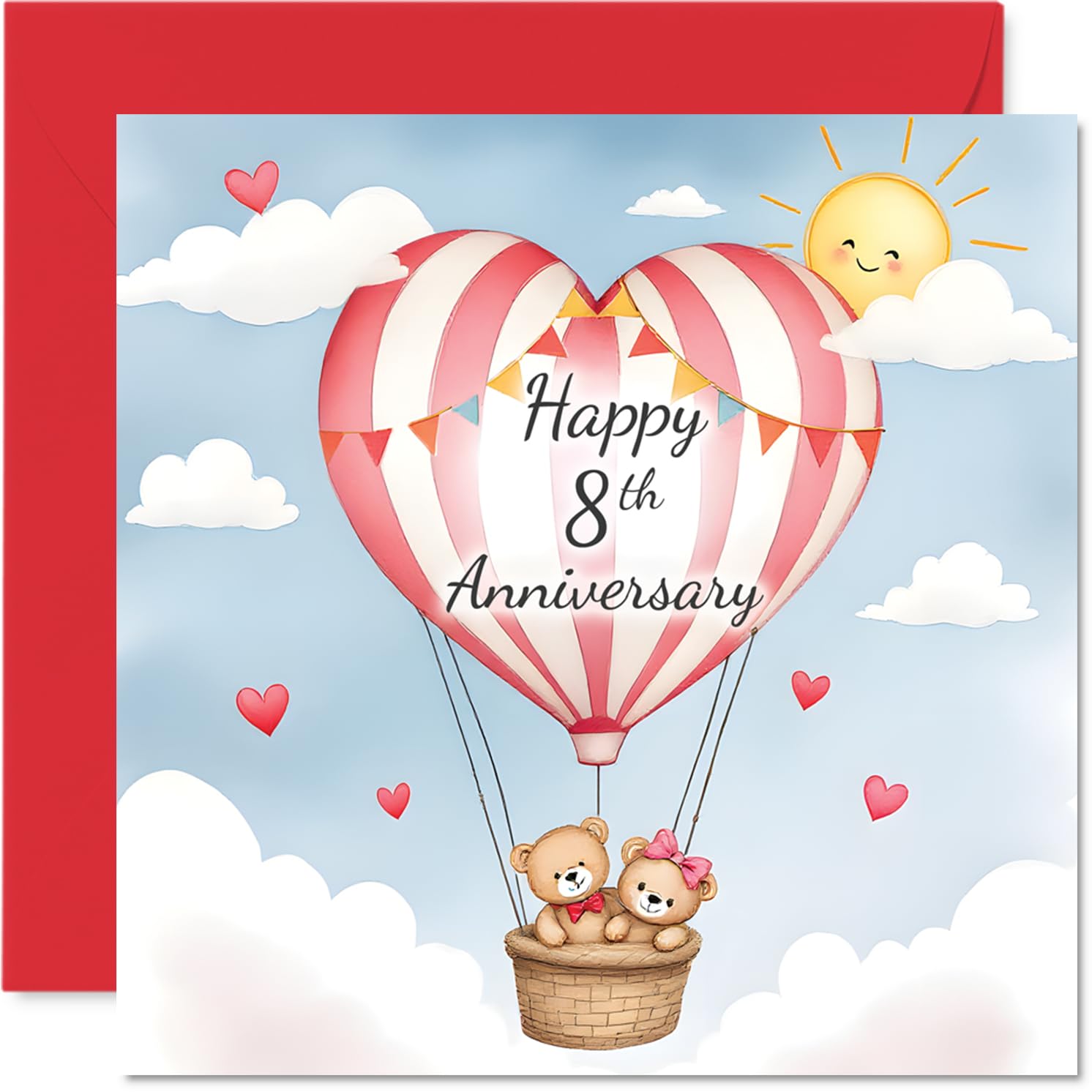 8th Anniversary Card for Women and Men, Love Bear Hot Air Balloon