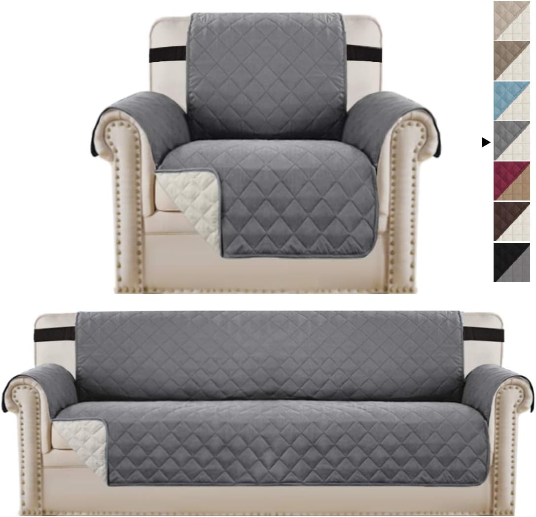 H.VERSAILTEX Reversible Grey Chair Cover and Oversized Sofa Cover Bundle