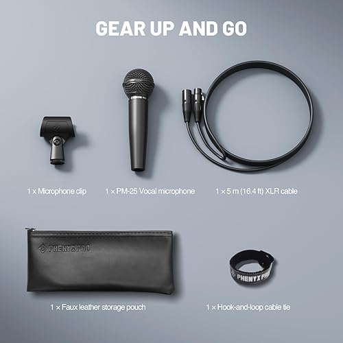 Miniatura 8 de Phenyx Pro Micrófono vocal dinámico, micrófono cardioide con cable XLR de 16.4 pies, clip de micrófono, bolsa de almacenamiento, micrófono de mano