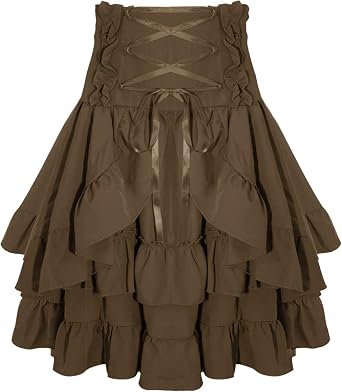 FEOYA Women Steampunk Gothic Lace Up High Waist Renaissance Victorian Layered Skirt