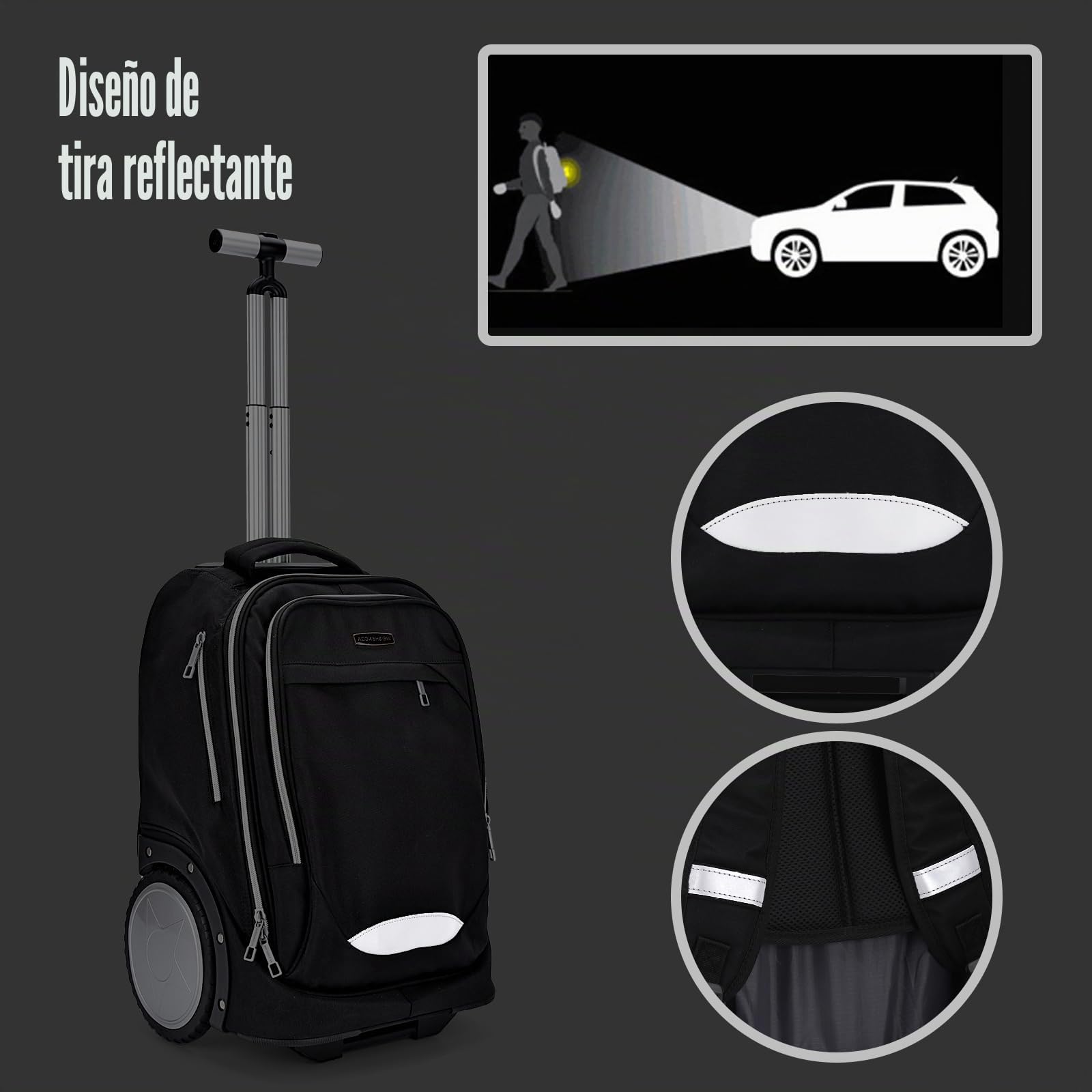 Hivexagon Mochila con Ruedas, Mochila rodante con Ruedas de 7 Pulgadas – Mango telescópico Reforzado, Compartimento para Laptop, Ideal para Negocios y Viajes – Negra