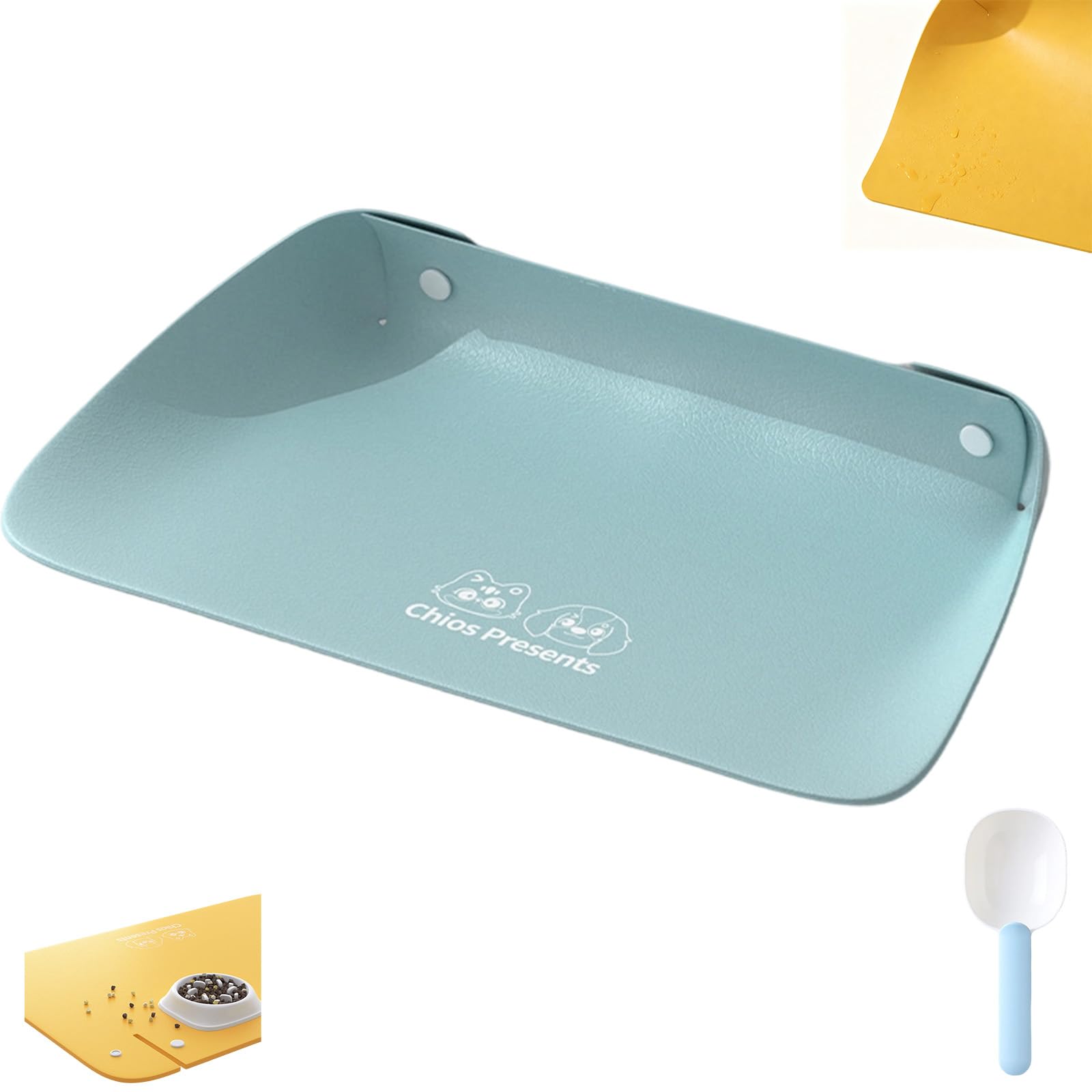 Tappetino per fontana d'acqua per gatti, tovaglietta per cibo per gatti, 39,9 x 30 cm, impermeabile, in ecopelle, con bordo alto, per ciotole, fontane d'acqua e animali di piccola taglia (blu)