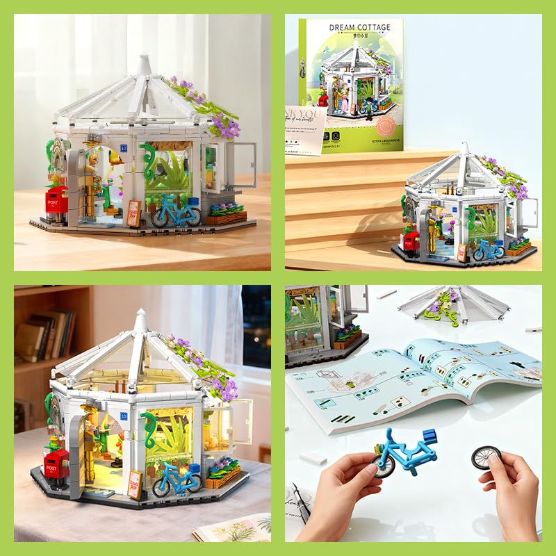 Image of SKY LINE OCEAN Dream Cottage Flower Shop Building Blocks Set - 1059+ Pieces Romantic Garden House with LED, Mini Figures, Collectible Model for Teens & Adults | 5 Year Structural Warranty