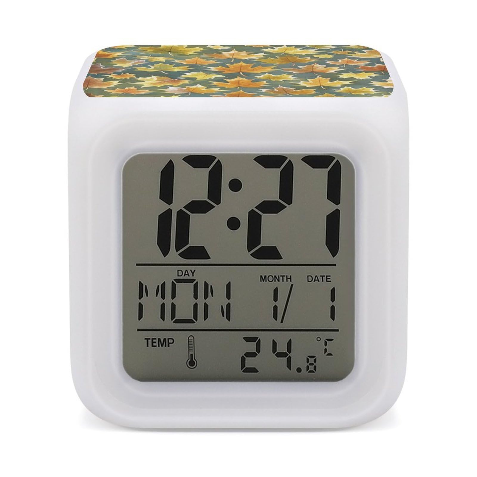 LZQPOEAS Maple Leaf Pattern Alarm Clock Desk Clock with 7 Color Changing Night Light Digital Clocks with Temperature Display Sleep Training and Sound Machine for Heavy Sleeper