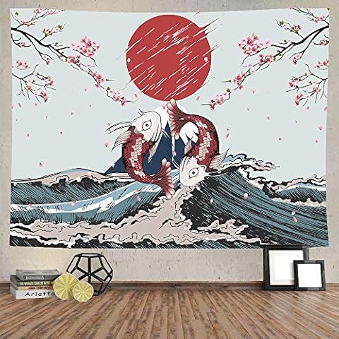 Ine Ive Wave Mount Fuji Carp Tapestry Sakura Sun Japanese Style Wall Hanging Flannel Large Size Background Cloth for Living Room, Bedroom, Dormitory Decoration (80*60in) Cover