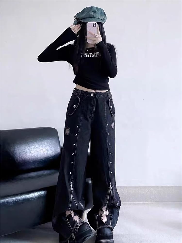 [BINARY01]ブラッド ダメージ ワイドパンツ韓国人気商品 Amazon | [BEIBANG]デニム パンク風 ワイドパンツ ストレート