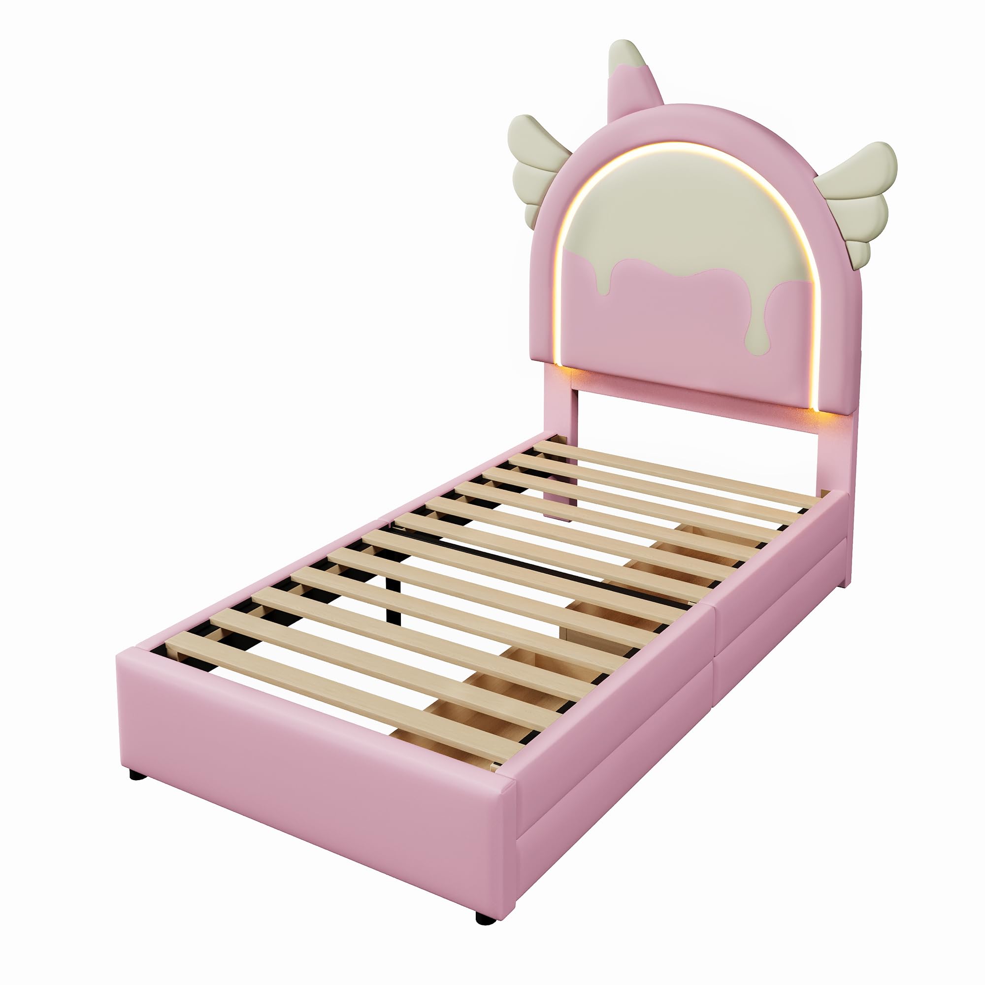 Lettino per bambini, 90 x 200 cm, con LED, struttura per letto singolo con 2 cassetti, struttura per letto singolo con rete a doghe e testiera a forma di unicorno, PU, rosa