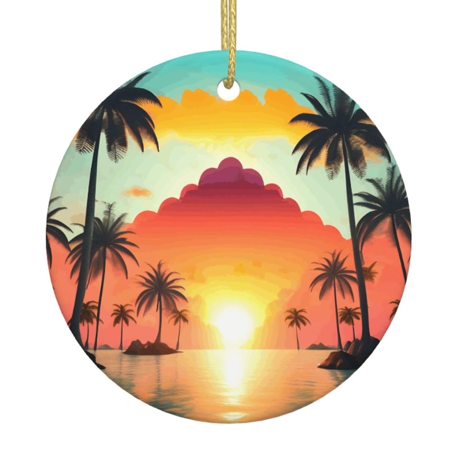Sunrise Tropical Palm Tree Island Print Christmas Ornaments, Ceramic Hanging Ornament, Round Shape Decorations