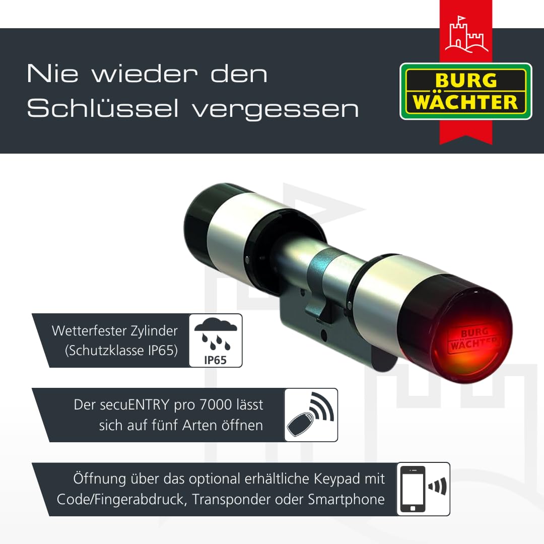 BURG-WÄCHTER Elektronischer Türzylinder, Öffnung mit App, Pincode, Fingerabdruck, Aktiv- oder Passivtransponder, Gewerbe- und Privatnutzung, ENTRYpro 7000 ZYLINDER, Schwarz/Aluminium