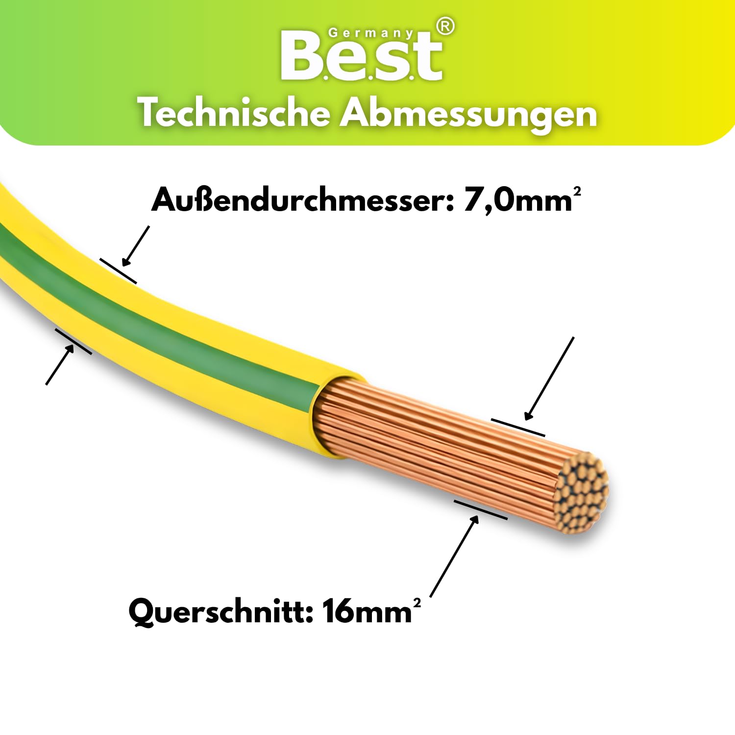Cable de tierra 10 m 16 mm² verde-amarillo flexible – Conductor unipolar PVC H07V-K para instalaciones fotovoltaicas, línea de cableado, línea de instalación, hilo de cobre trenzado fino, conductor de