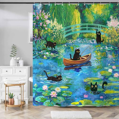 Lifeel Funny Cute Cat Green Shower Curtain, Monet Lotus Pond Shower Curtains for Bathroom Water Lilies Waterproof Fabric Bath Curtain Decor, 72x72 inch — view 3
