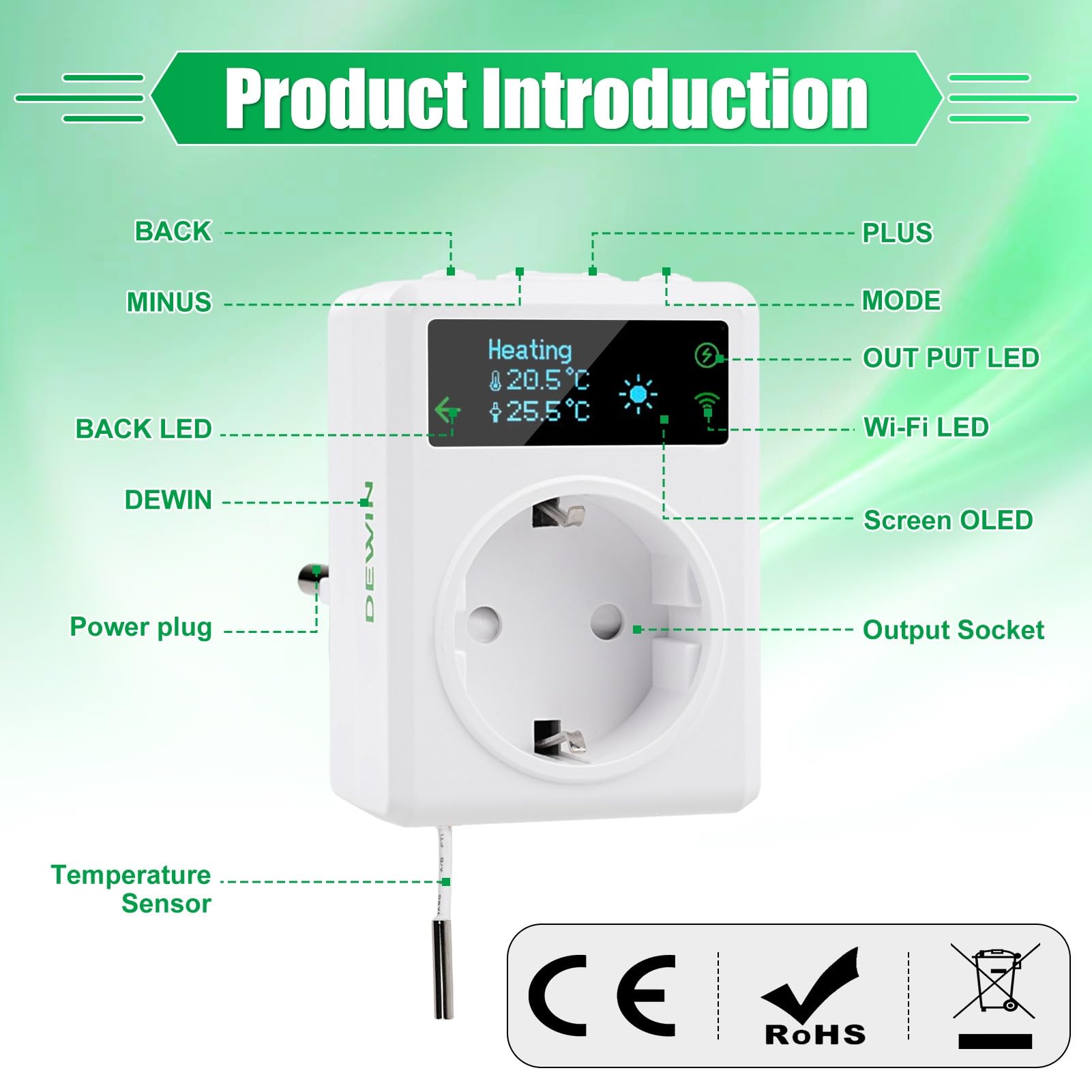 DEWIN Inteligente Enchufe de Termostato con Sonda, 2.4GHz WiFi Controlador de Temperatura de termostato de Enchufe 220V 16A Calefacción y Refrigeración Compatible con Control Remoto y Control por Voz