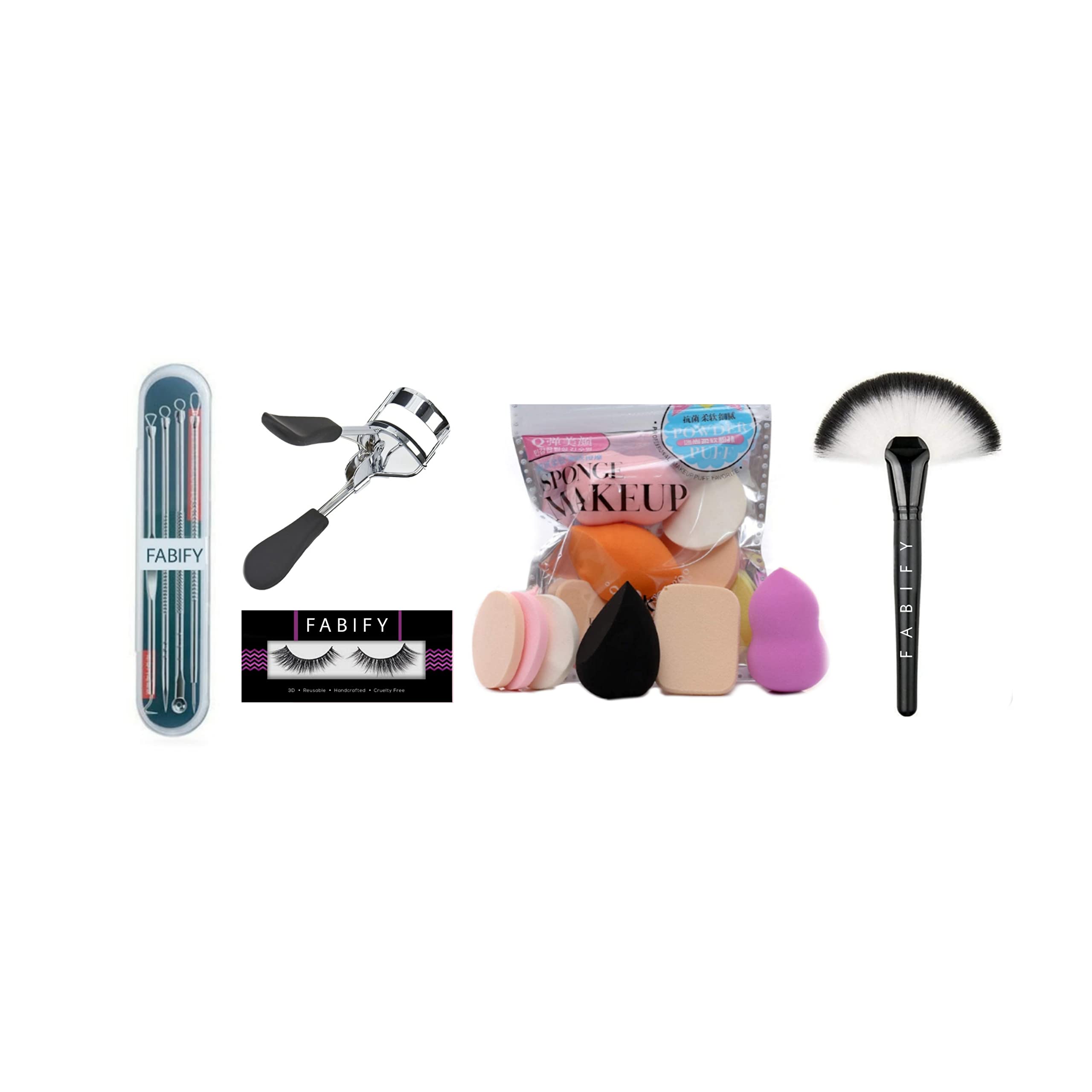 FABify 6-in-1 Makeup Combo – Fan Brush, Blackhead Removal Tool, Puff Blender Set & Eyelash Curler – Professional & Home Beauty Kit