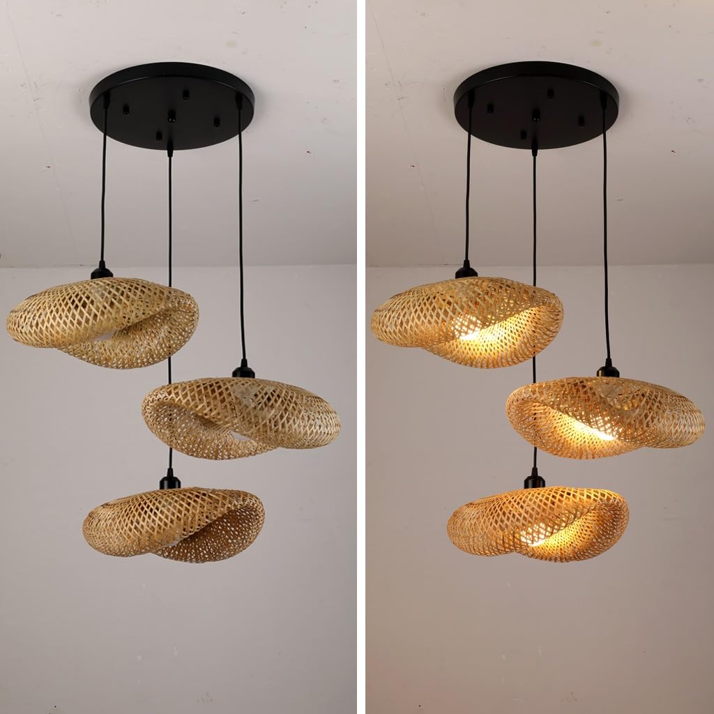 Lámpara Colgante De Ratán Boho 3 Luces - Lámpara De Cesta De Bambú Retro Con Pantalla Tejida A Mano De Estilo Bohemio - Para Sala De Estar, Comedor y Cocina