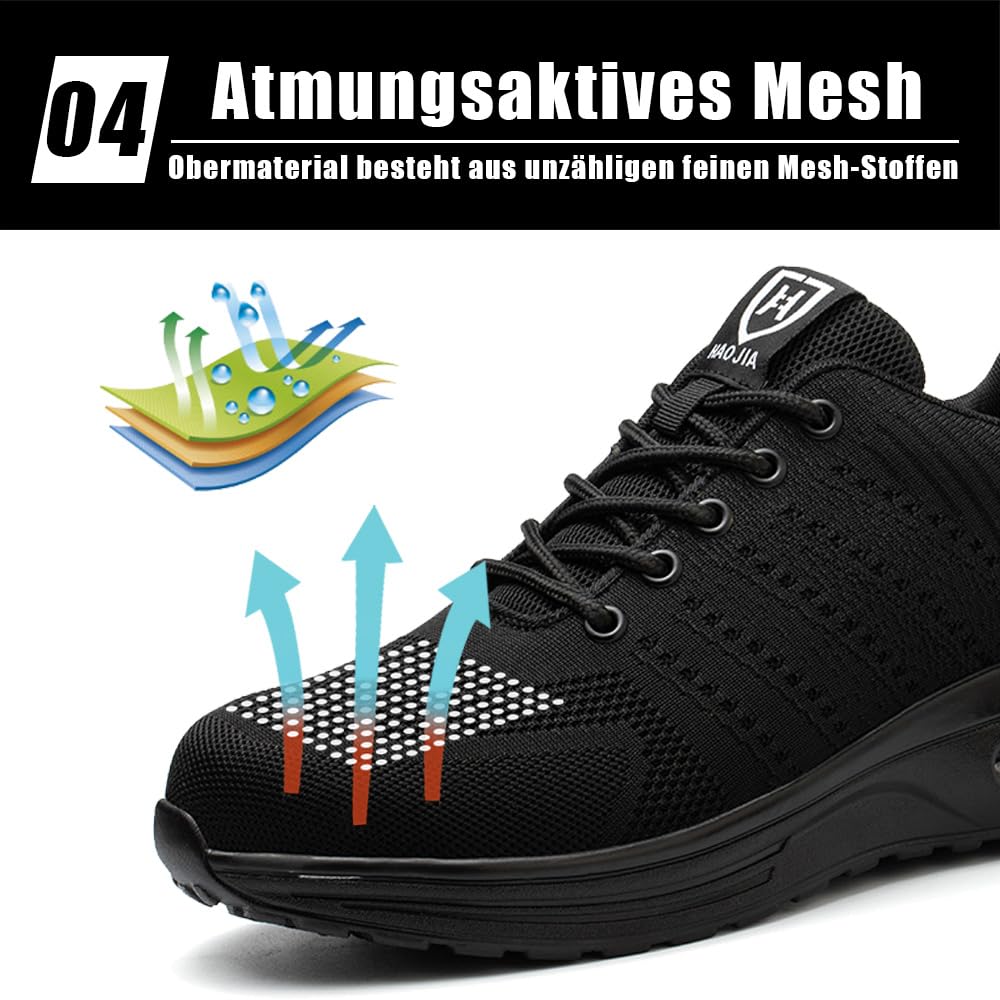 Męskie buty robocze, lekkie, damskie, oddychające, stalowe noski, sportowe buty ochronne, czarny, 43 EU