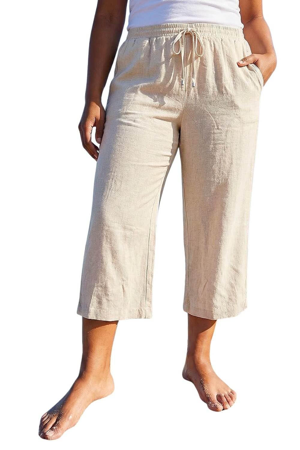 Roman Originals Women's Plus Stone Roman Linen Mix Wide Cropped Trousers For Uk Spring Everyday Summer Break Elasticated Waist Comfy Pocket Detail Soft Lightweight Pants Vacation - Size 2224