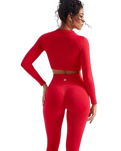 SUUKSESS Women 2 Piece Workout Sets Hidden Scrunch Hip Lifting Seamless Leggings Long Sleeve Yoga Crop Tops