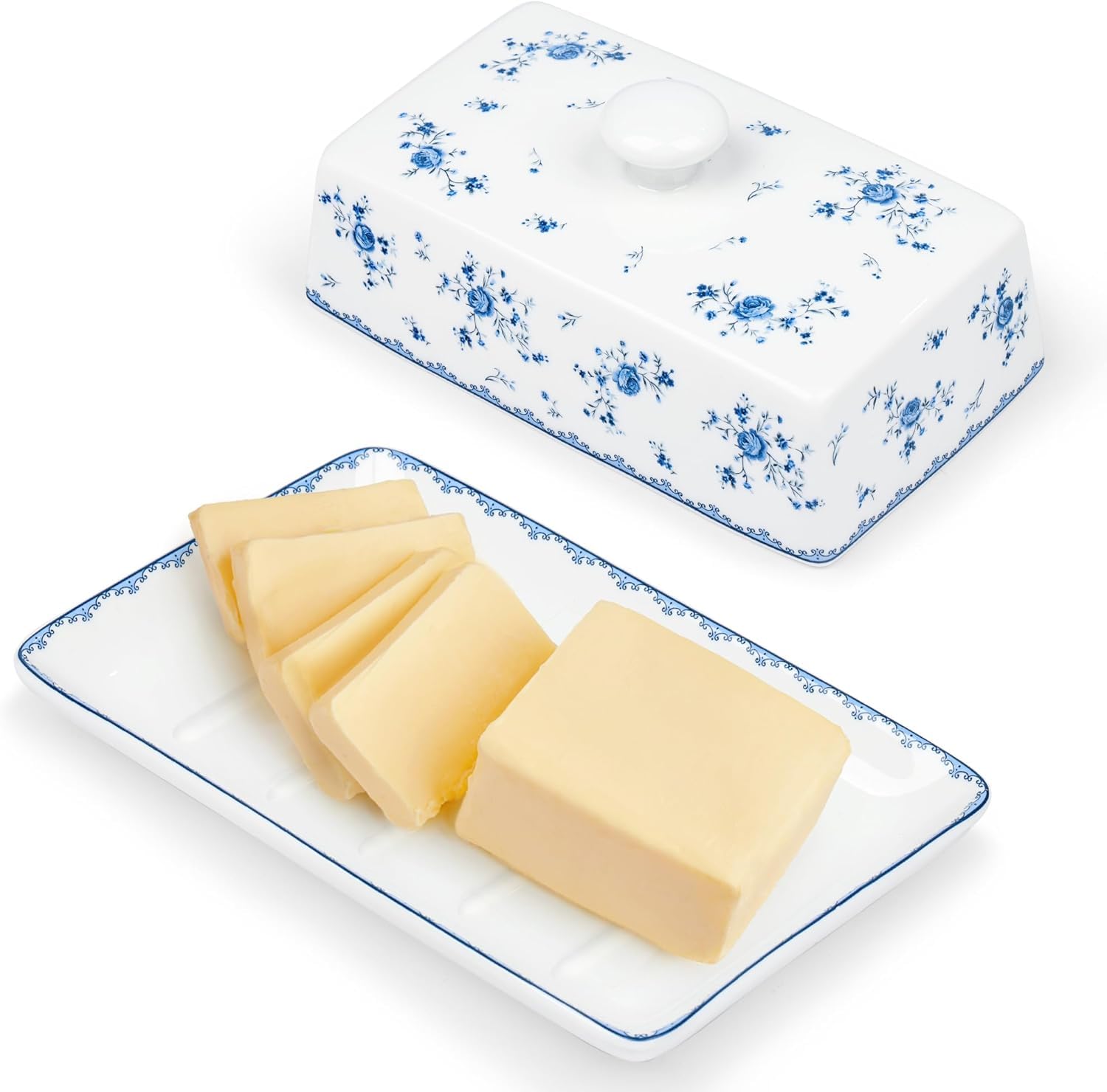 Fanquare mantequillera de porcelana con tapa, mantequilla cerámica elevada, platos cafetería y cocina azul y blanco (rosa azul)