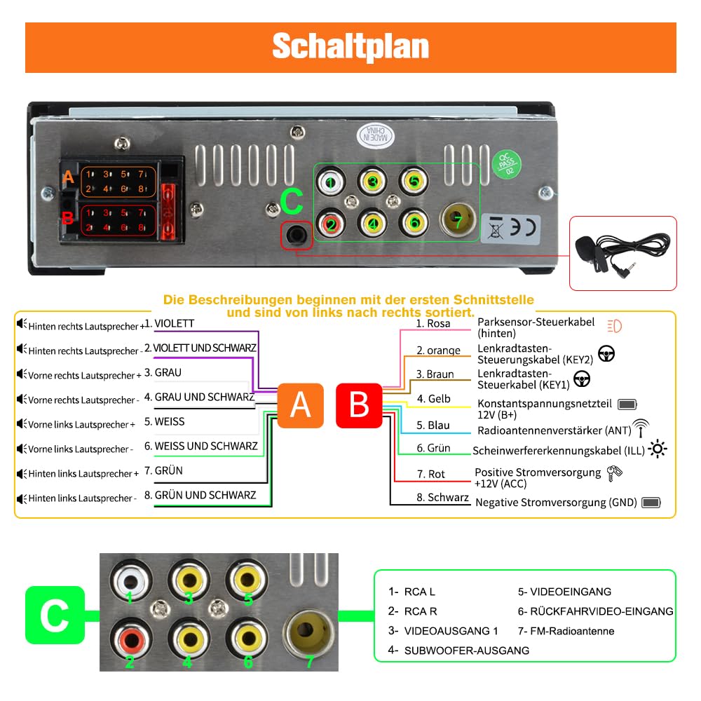 Junsun Smartes 1 DIN Autoradio mit 6,36 Zoll Touchscreen, Wired and Wireless CarPlay und Android Auto, Lenkradsteuerung, Rückfahrkamera, SD Slot USB Anschluss, externes Mikrofon
