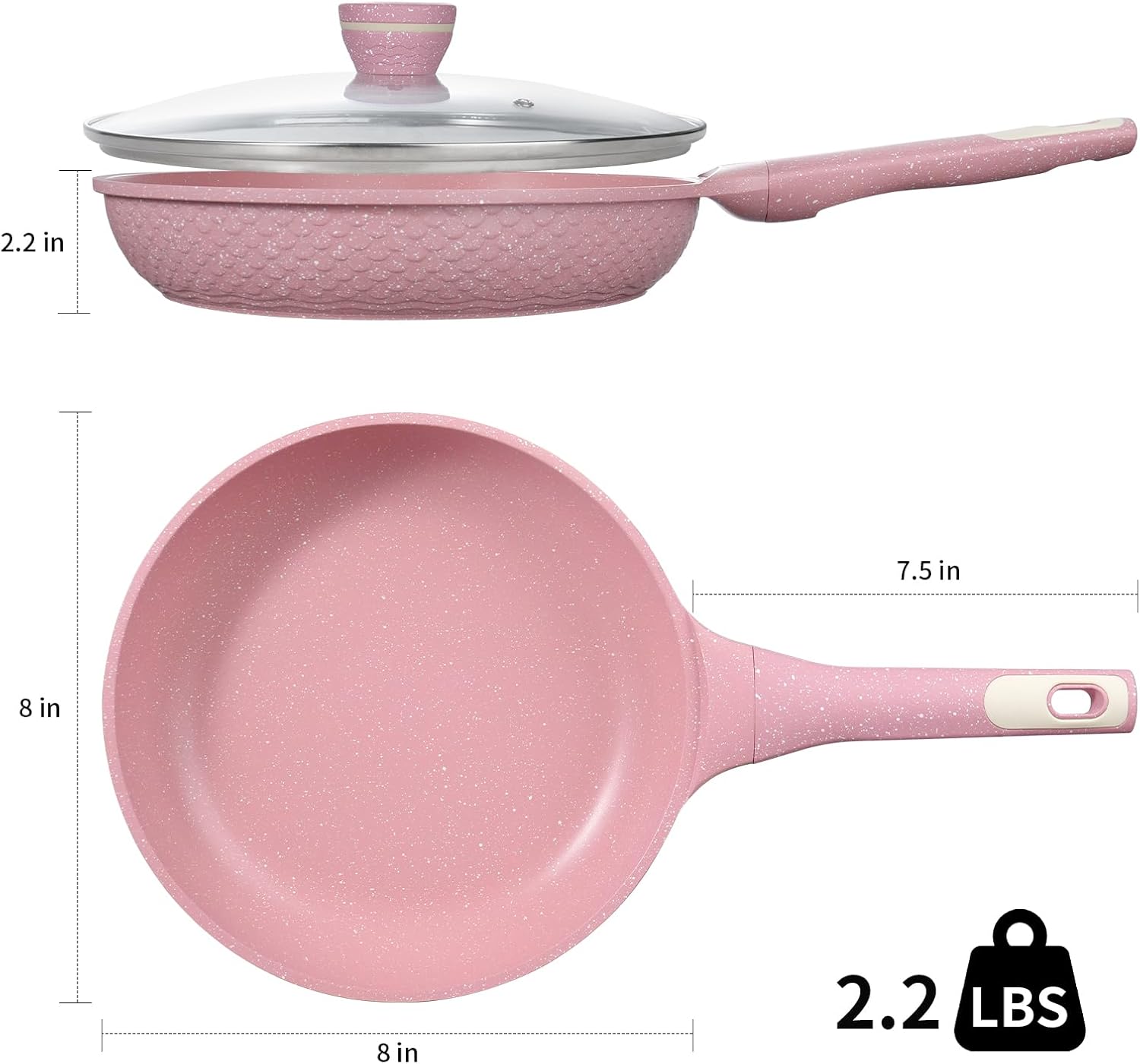8 Inch Non Stick Frying Pans with Lid - 100% PFOA PFAS Free, Super Nonstick, All Stovetop Compatible Induction Gas Electric, Omelette & Egg Pan, Dishwasher Safe, Eco-Friendly Pink Pan - Image 2