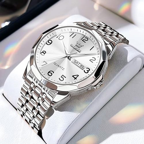 Miniatura 4 de Reloj casual de acero inoxidable para hombre, de cara grande, reloj analógico de cuarzo con día y fecha, clásico resistente al agua con números