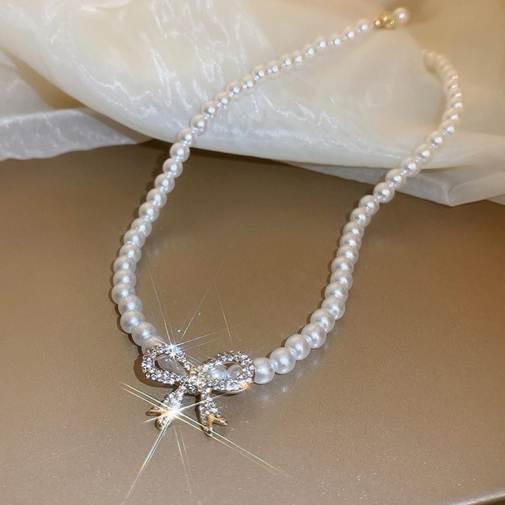 Glitter Rhinestone Bowknot Pearl Choker Necklace for Women,Classic Statement Crystal Bow Pearl Collarbone Necklace,Dainty Wedding Christmas Jewelry Gifts - Image 5