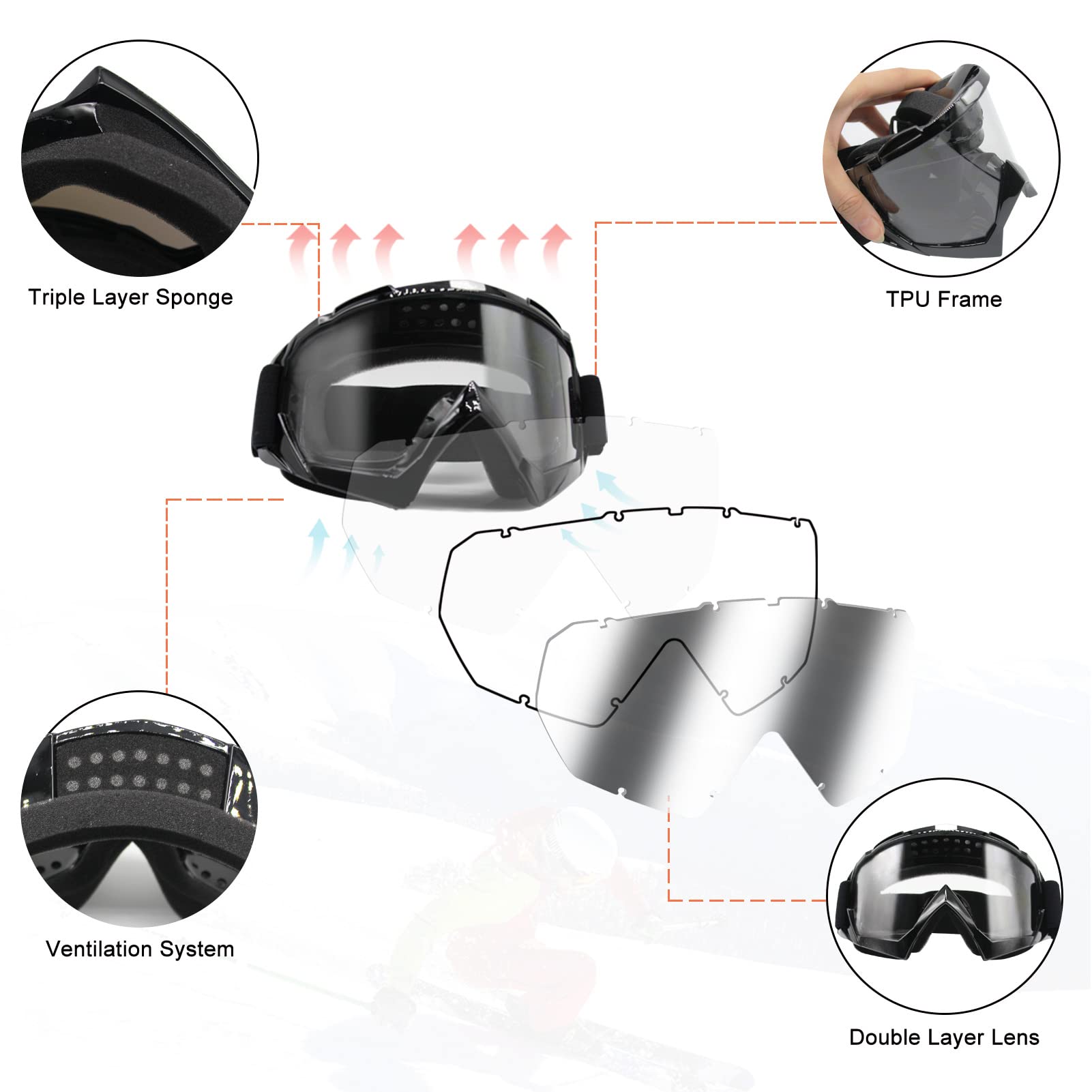 ZukMi Dirt Bike Goggles ATV Motocross Motorcycle MX Off Road for Men Women Adult Youth Riding Racing (Black Frame+Clear Lens)
