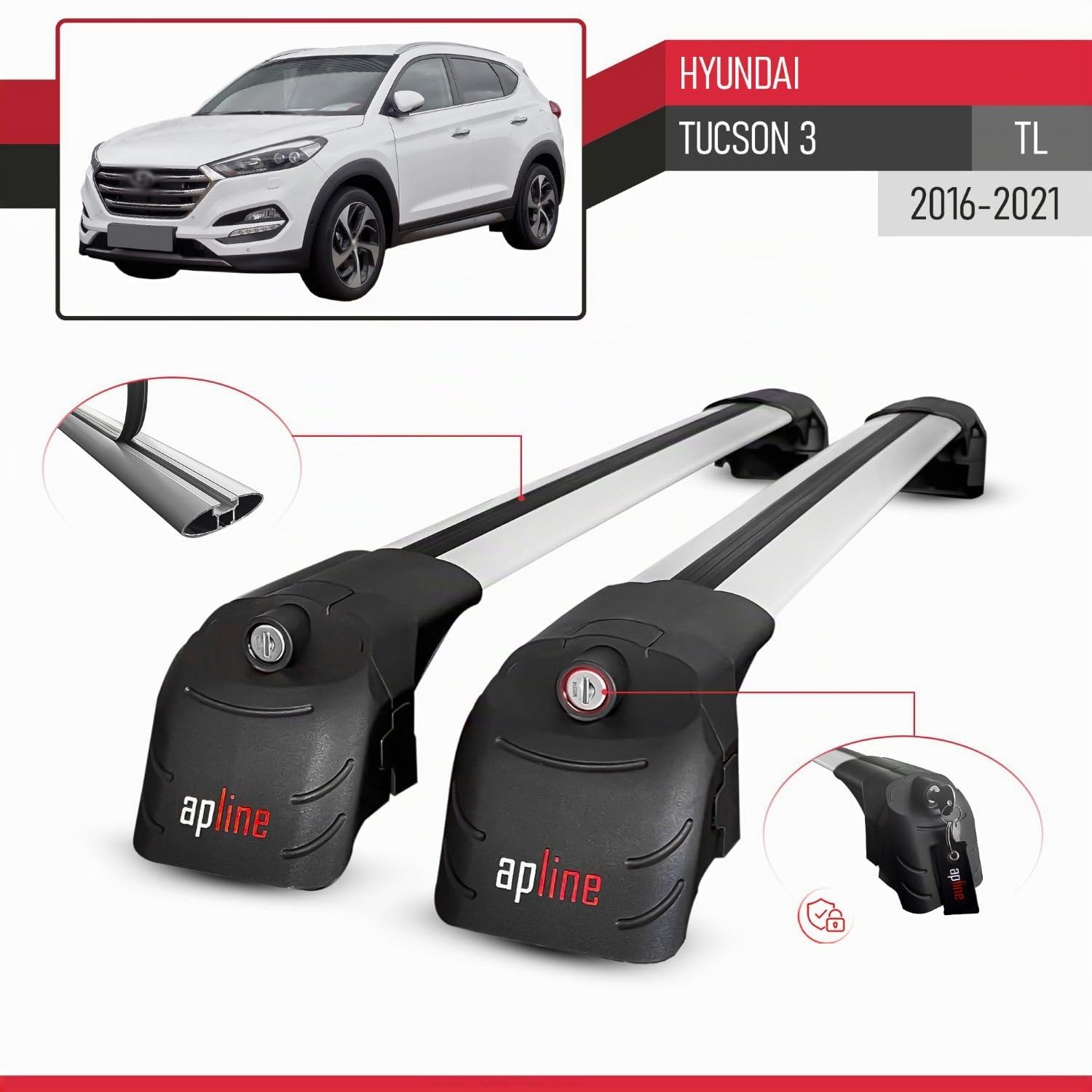 Compatibile con Hyundai Tucson 3 (TL) 2016-2021 Modello ACE-2 Barre Tetto Portapacchi Auto Barre Portatutto Grigio Alluminio 2 Barre