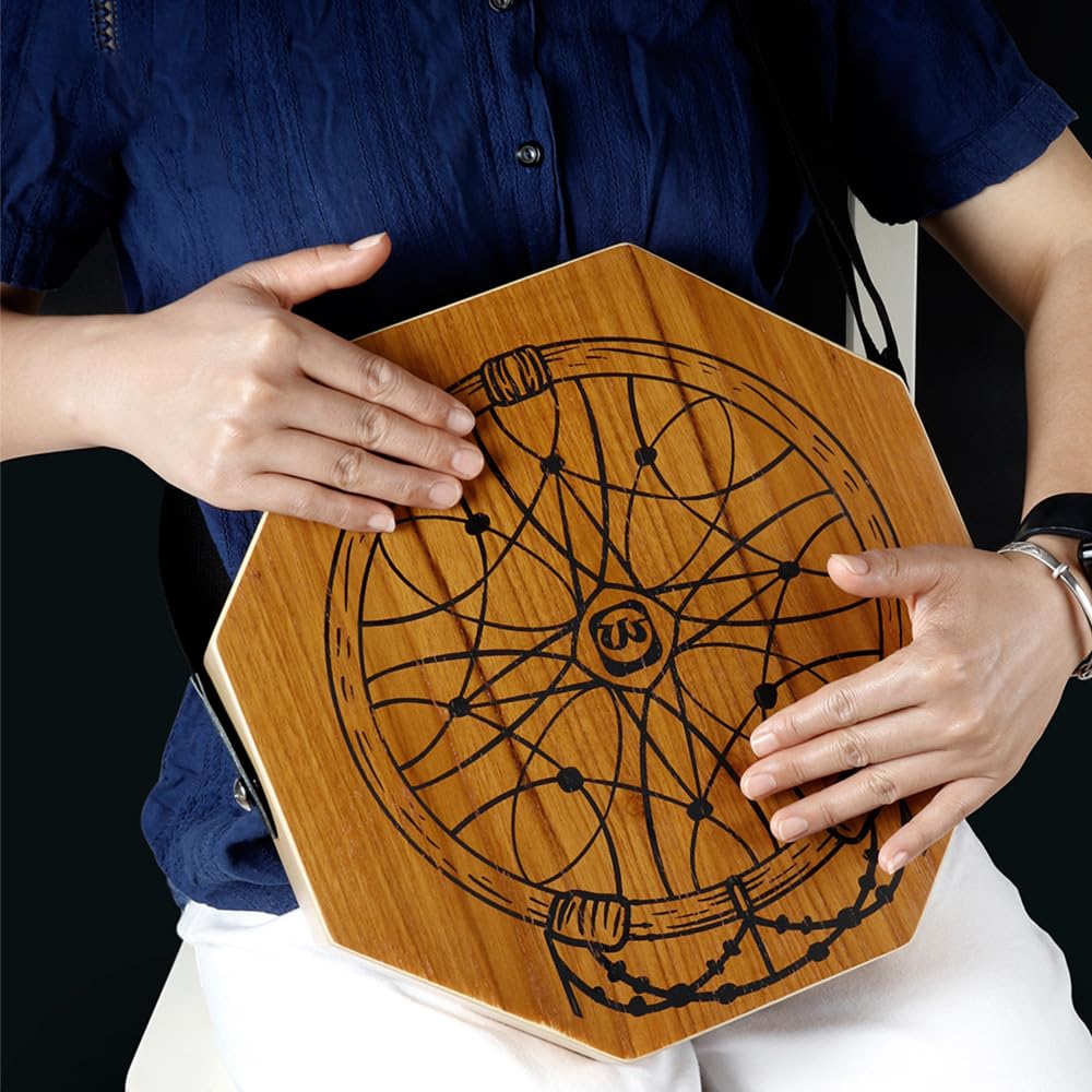 Tamburo Portatile Cajon in Legno Teak e Betulla, Strumento a Percussione Manuale Ottagonale a 2 Toni con Tracolla Regolabile, Ideale per Principianti e Performance in Viaggio