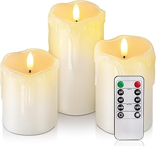 Homemory Dripping Wax Flameless Candles, Battery Operated Candles with Remote Control and Timers, LED Pillar Candles, Electric Fake Candles, D 3" x H4 5" 6", Set of 3