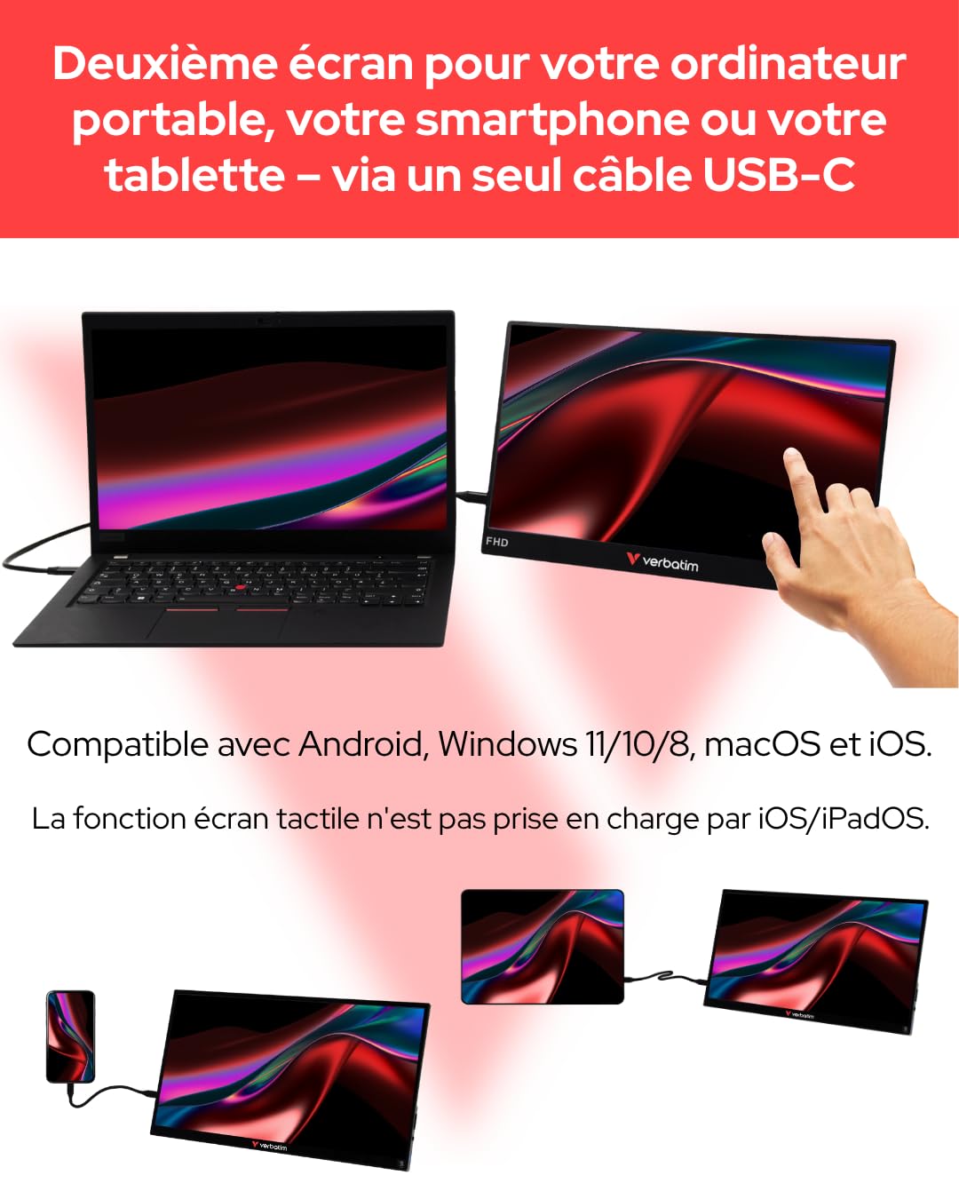 Verbatim écran Portable Tactile PMT-14, Moniteur Externe 14", écran Full HD pour Ordinateur Portable, Tablette, Smartphone, PS5 ou Nintendo Switch avec Ports USB-A, USB-C et HDMI, Noir