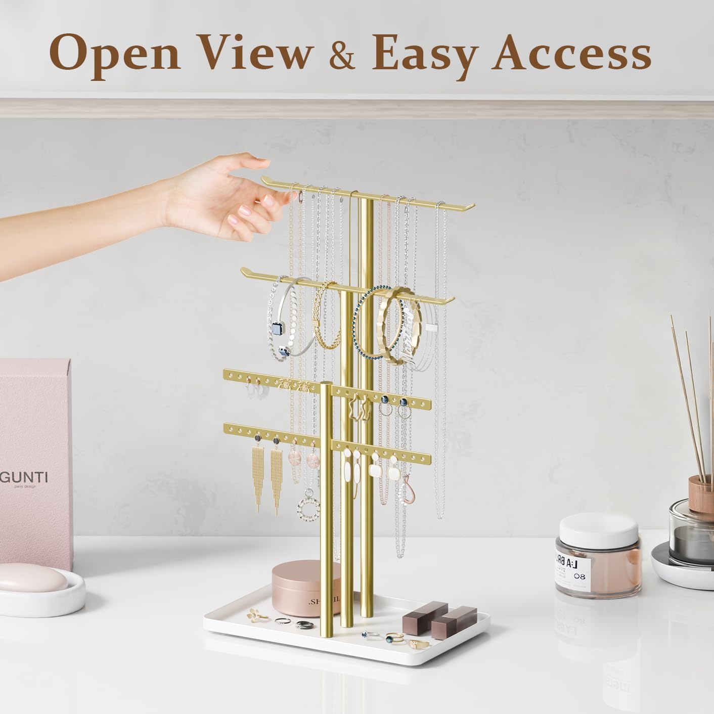 pickpiff Jewelry Stand Holder Organizer: 14.5" Sturdy Hanger for 80 Pcs Jewelry, Gift for Women, Gold Jewlery Tower for Necklace, Earring, Bracelet - Image 6