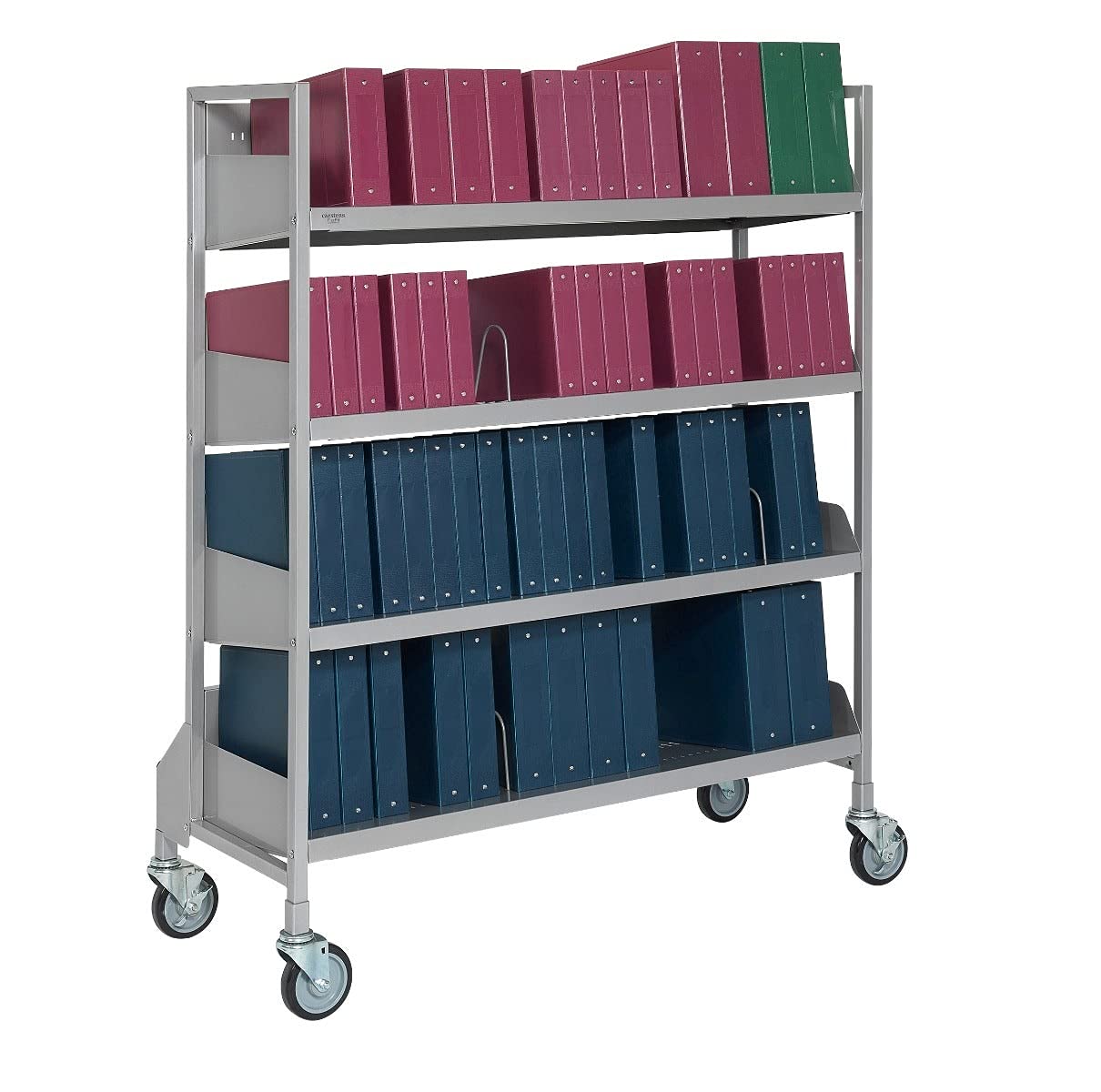Carstens FlexFit Open Chart Rack for Medial Charts, Ring Binders, Books – L49.6 x W20 x H62.25 In. 480 Lb. Load Capacity – Rolling Book Cart with 4 Angle Shelves – Lockable Wheels with Bumpers, Silver