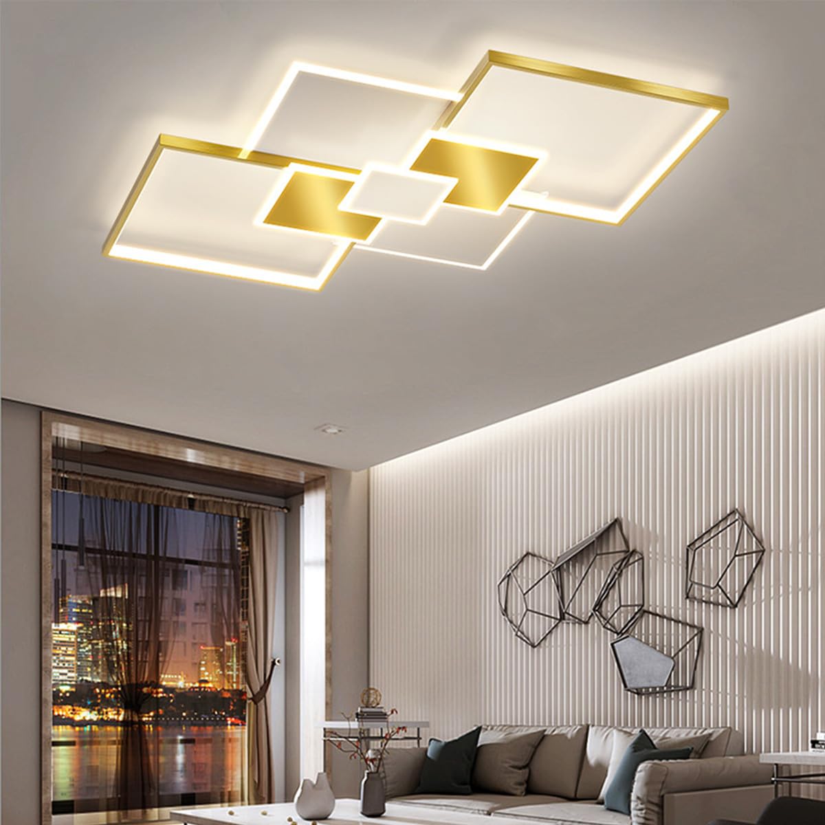 LSYPY LED Living Room Ceiling Light Gold Dimmable with Remote Control, Black Living Room Light, Large Ceiling Light Modern Design (White-Gold, L90*W60)