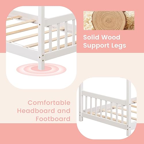 Miniatura 5 de Cama de casa Giantex tamaño twin, cama de madera maciza para niños con techo, cabecero y estribo, base de cama de piso bajo tamaño twin para niños