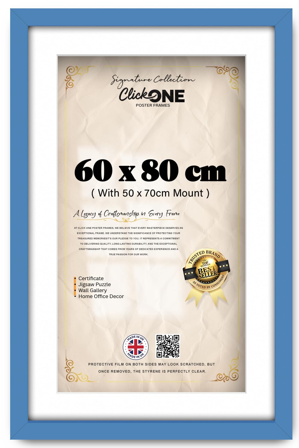 Click One Blue Engineered Wood Poster Frame 60 X 80 Cm With 70 X 50 Cm White Mount And Jigsaw Kit For Photo Certificate Wall Hanging Includes Clear Styrene Ideal For Home Office 32 X 24 Inch