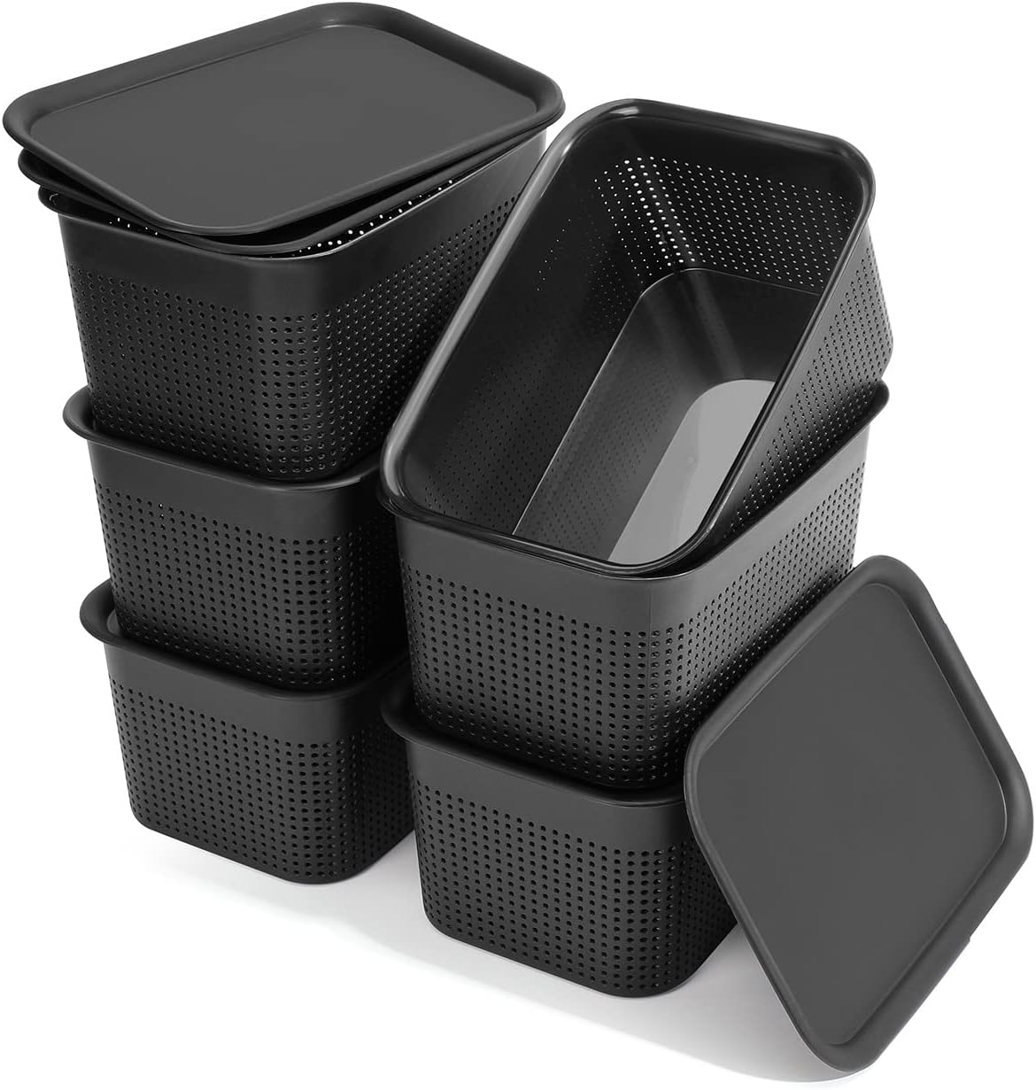 Plastic Storage Baskets with Lids Baskets for Organizing Organizer Bins 6.8 Qt Stackable Storage Bins with Lids Tiny Holes, Storage Containers, Plastic Bins with Handle