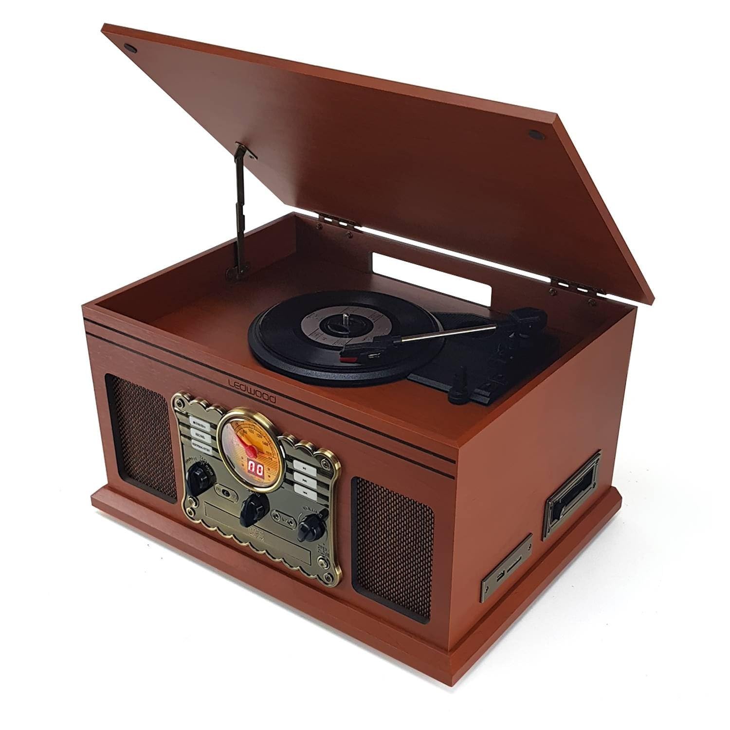 Chaine Stéréo Vintage Bois Ledwood - USB/​BT/​SD/​FM/​CD/​Cassette/​Vinyle 33-​45 - 78 Tours