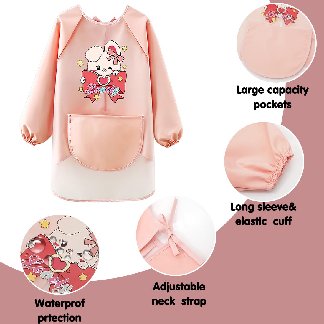 LXOrdora Kids Art Apron Waterproof Smock Long Sleeved Rabbit M, Fit Height 80-100cm - Image 4