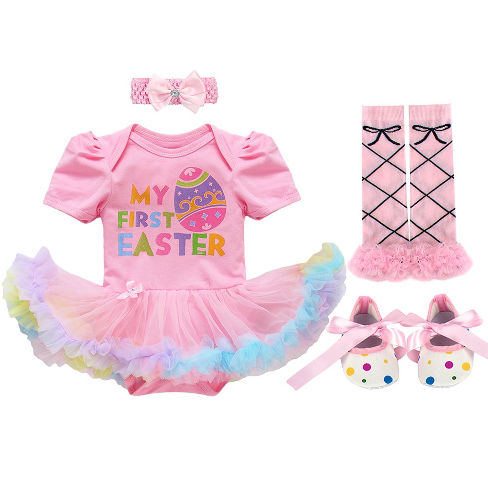 My First Easter Outfit Baby Girls Colorful Eggs Romper Rabbit Bunny Bodysuit Dress + Bow Headband + Leg Warmers Socks + Infant Crib Shoes Birthday Cake Smash Party Clothes 4Pcs Tutu Set Pink 0-3M