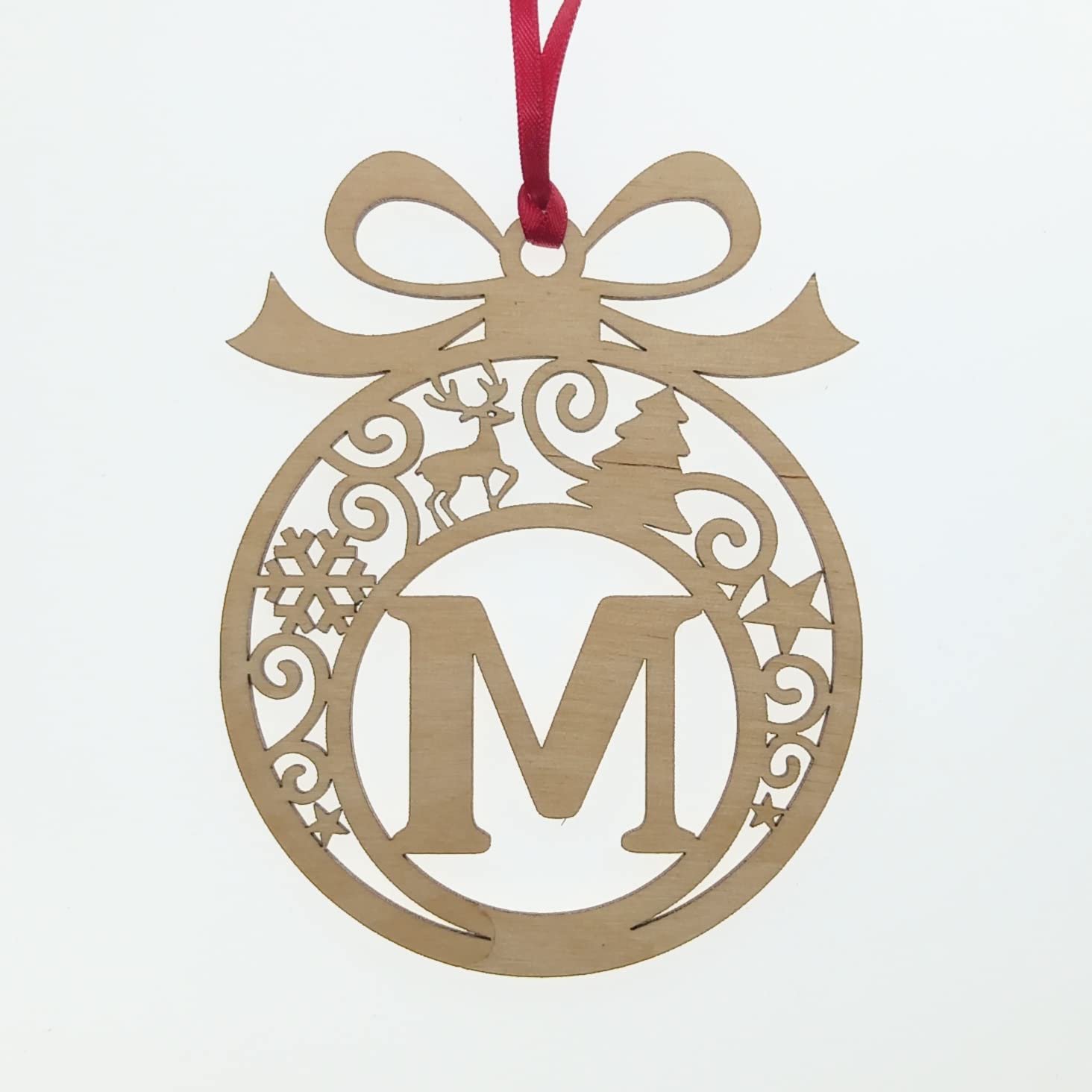 Personalised Christmas tree bauble decoration pendant ornament: Letter M, Natural Wood, Small - Image 4